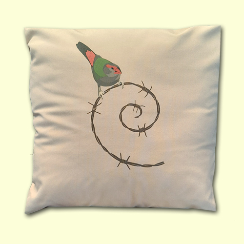 Red-browed Finch & curly barbed wire, on beige - Single cushion cover