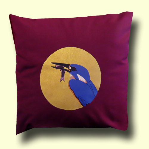 Azure Kingfisher on maroon - single cushion cover